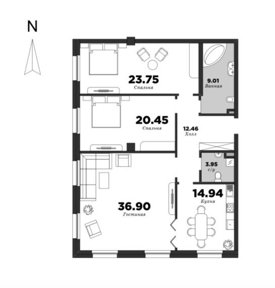 NEVA HAUS, Корпус 2, 3 спальни, 121.46 м² | планировка элитных квартир Санкт-Петербурга | М16